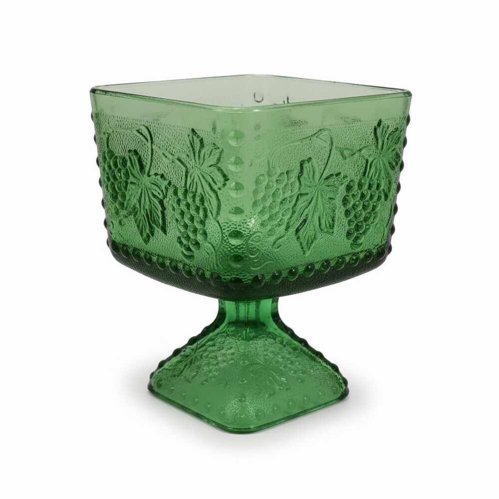 Vtg Indiana Glass Harvest Grape Green Compote Candy Dish Pedestal Square Base